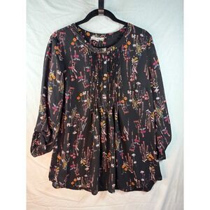 Pale Sky Womens Floral Pleated Bib Blouse Black Roll Tab Sleeve Top Size M boho